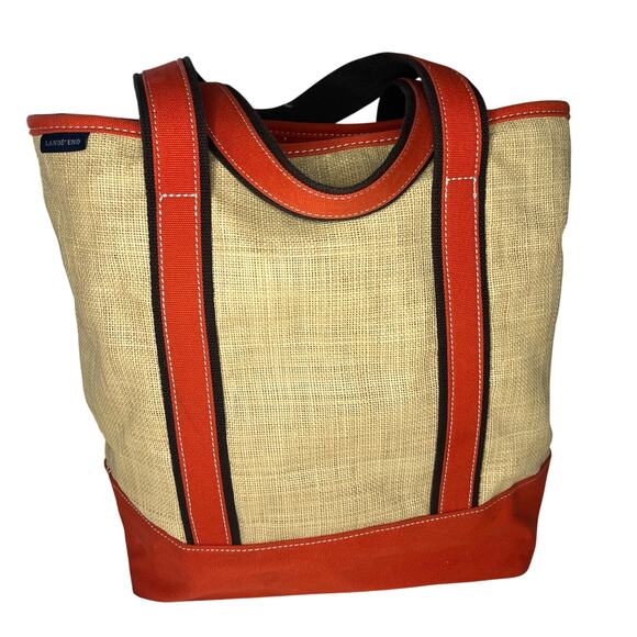 Lands’ End Rare Straw Orange Canvas Large Tote 14 x 16 Beach Coastal Classic 90s - Picture 1 of 9